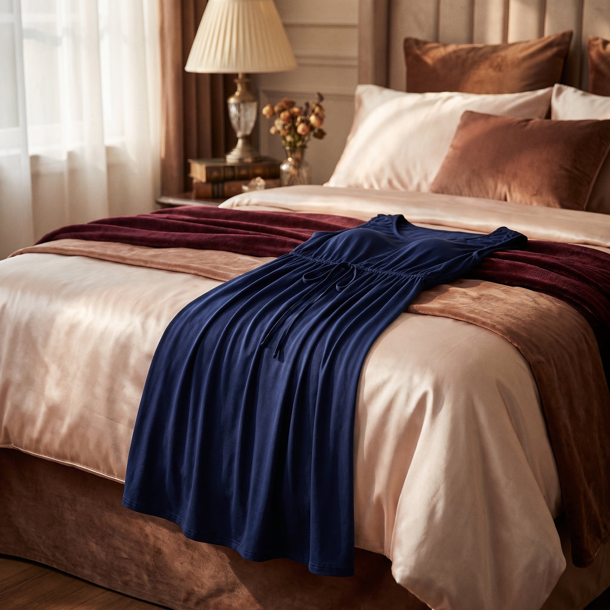 Nuisette de grossesse et d'allaitement bleu nuit posée sur un lit de boudoir, cordon sous la poitrine