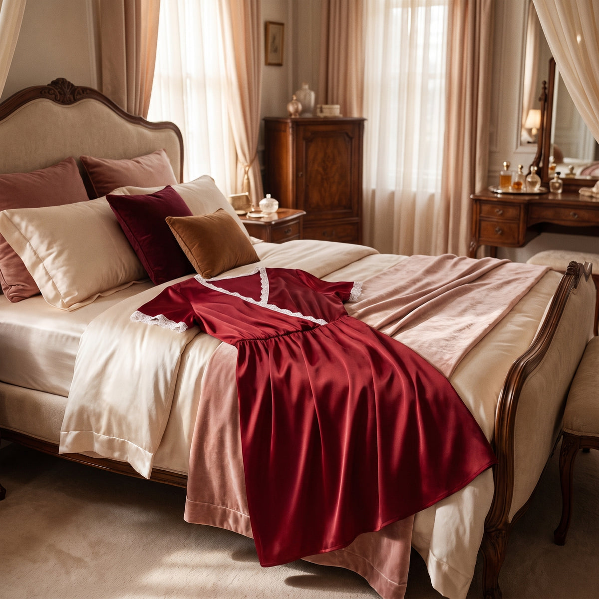 Nuisette de maternité rouge drapée sur un lit de boudoir, coupe empire évasée