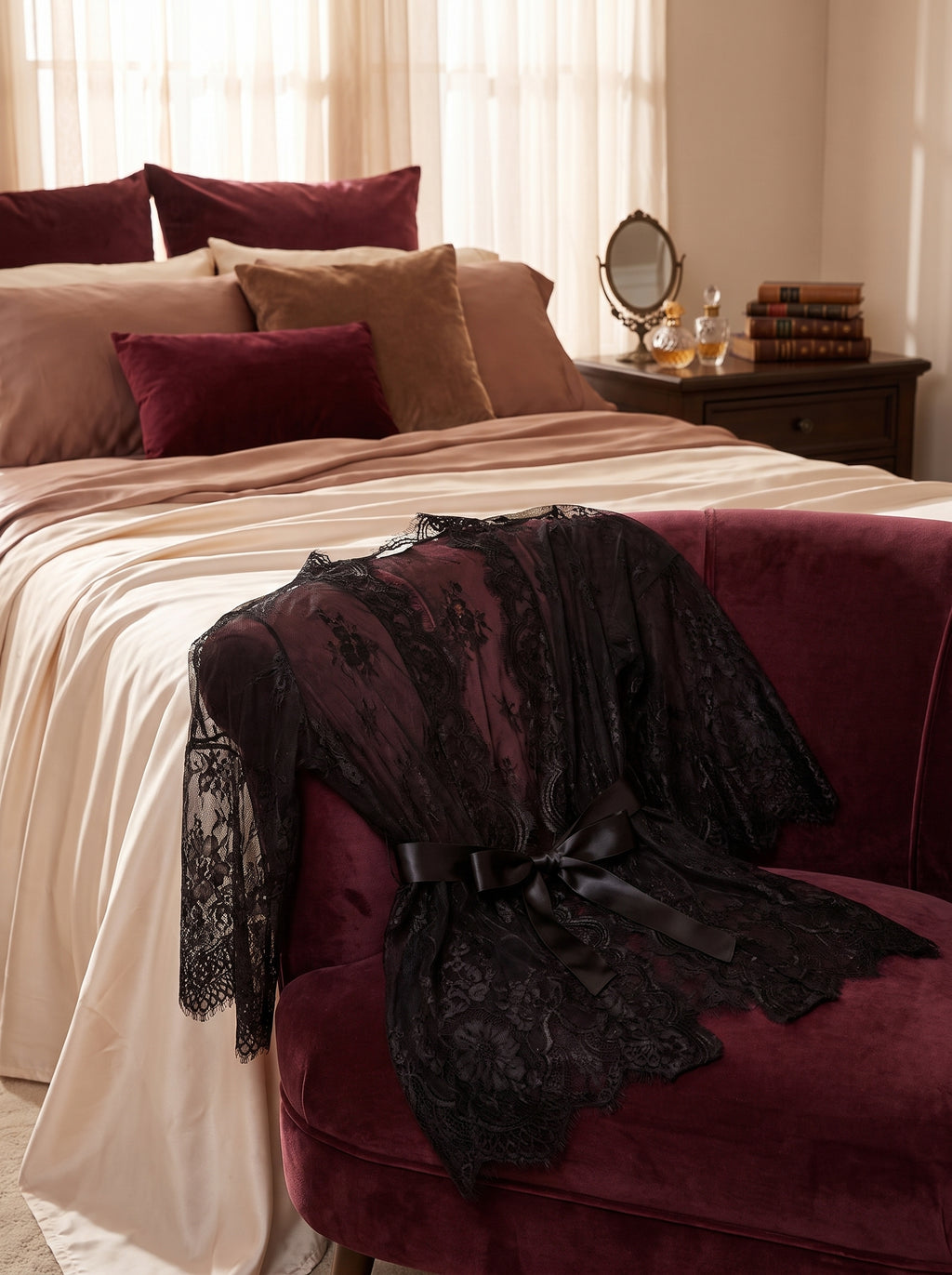 Peignoir nuisette en dentelle noire drape dans un boudoir aux tons creme et bordeaux