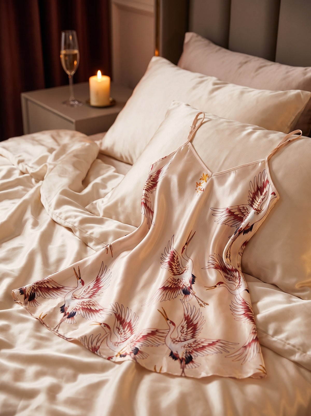 Nuisette beige en satin drapée dans un décor boudoir avec bougie et champagne