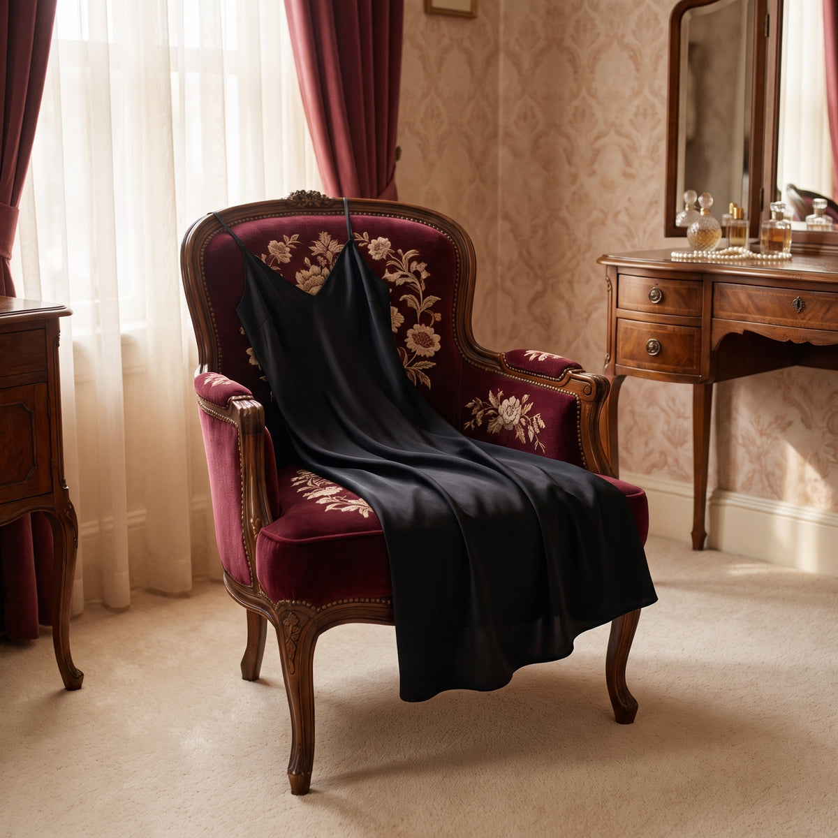 Nuisette d'allaitement noire posée sur un fauteuil de boudoir, ambiance feutrée et élégante
