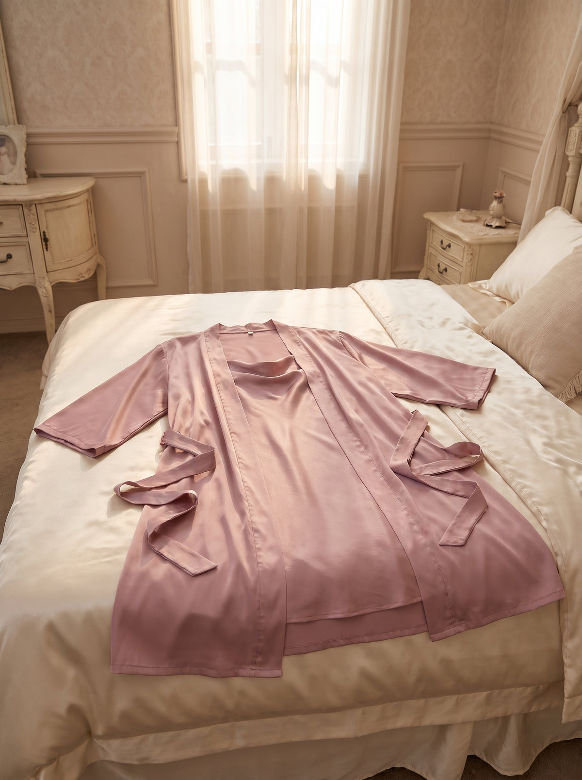 Kimono rose en satin posé sur un lit, manches larges