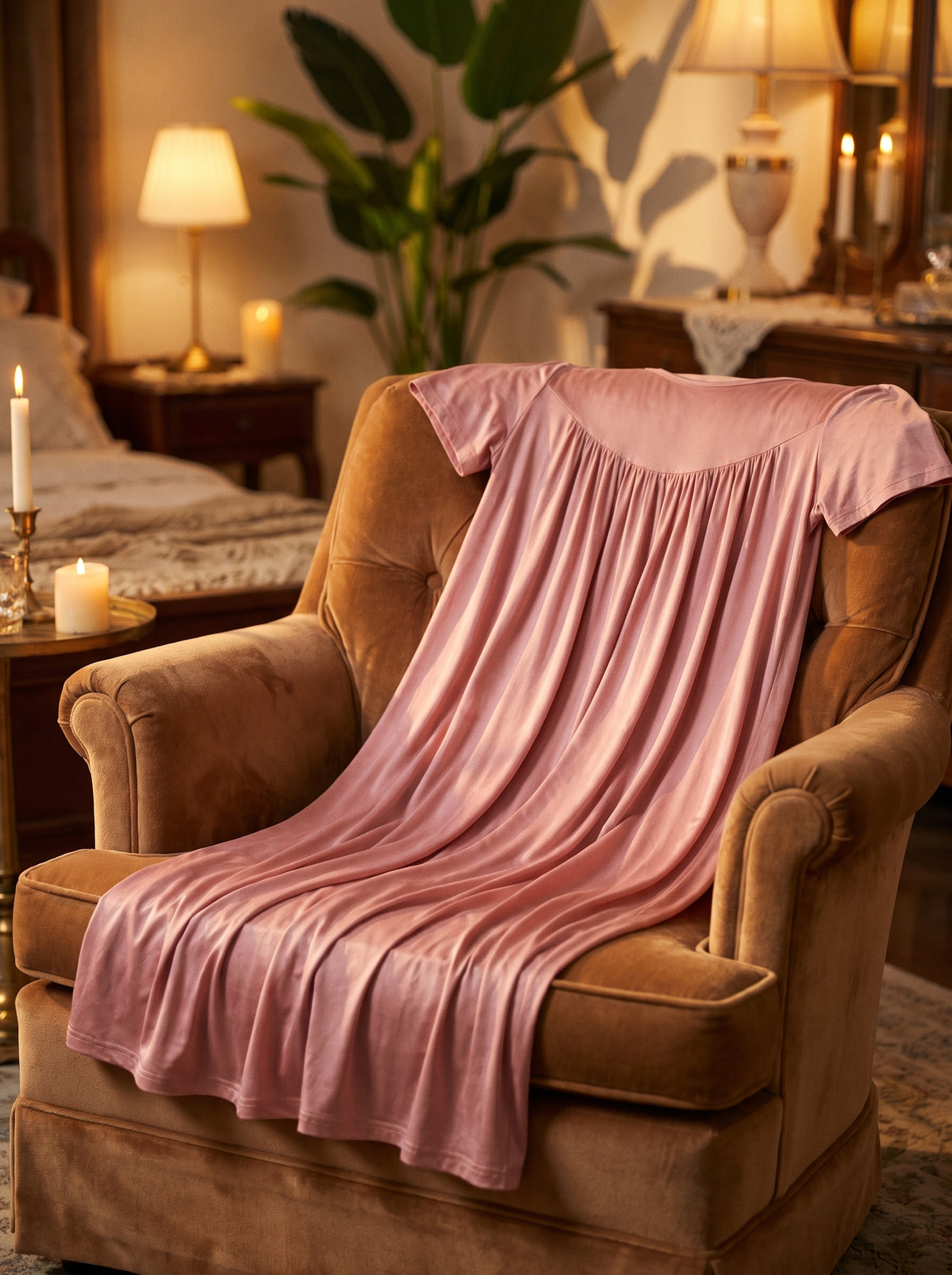Chemise de nuit rose poudré drapée sur un fauteuil en velours caramel dans un boudoir