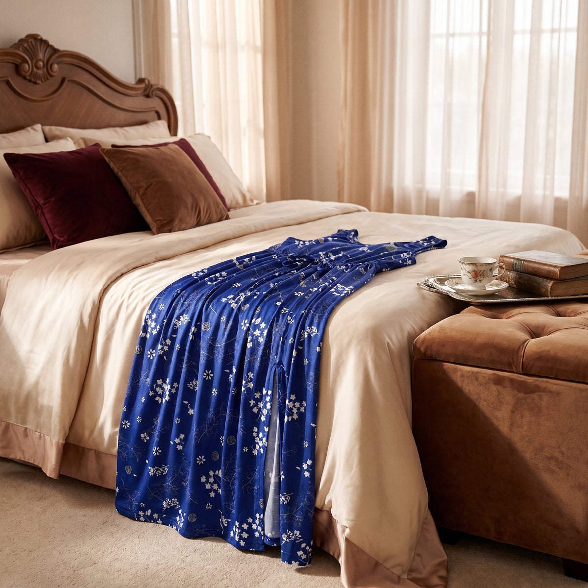Nuisette de grossesse bleue à fleurs drapée sur un lit de boudoir