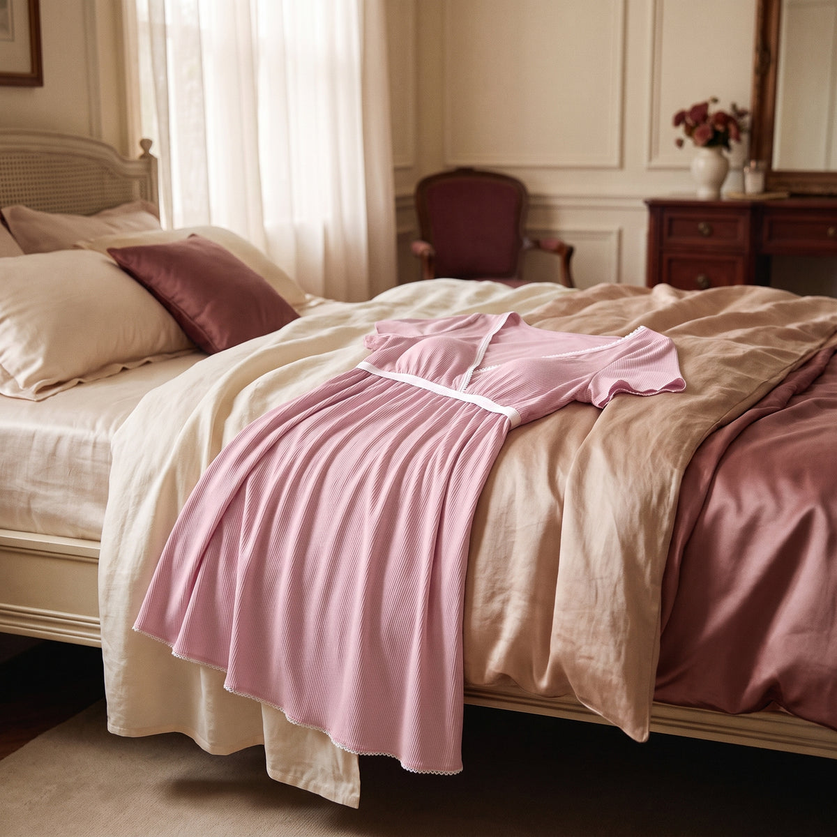Nuisette de maternité rose poudré drapée sur un lit de boudoir