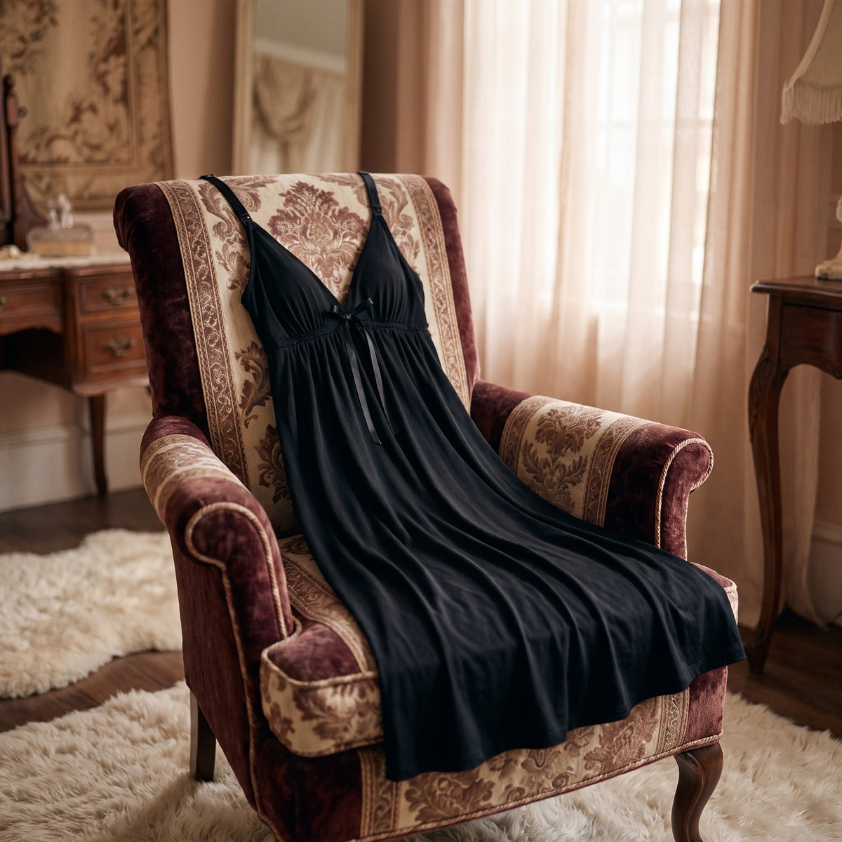 Nuisette d'allaitement noire posée sur un fauteuil de boudoir, ambiance feutrée