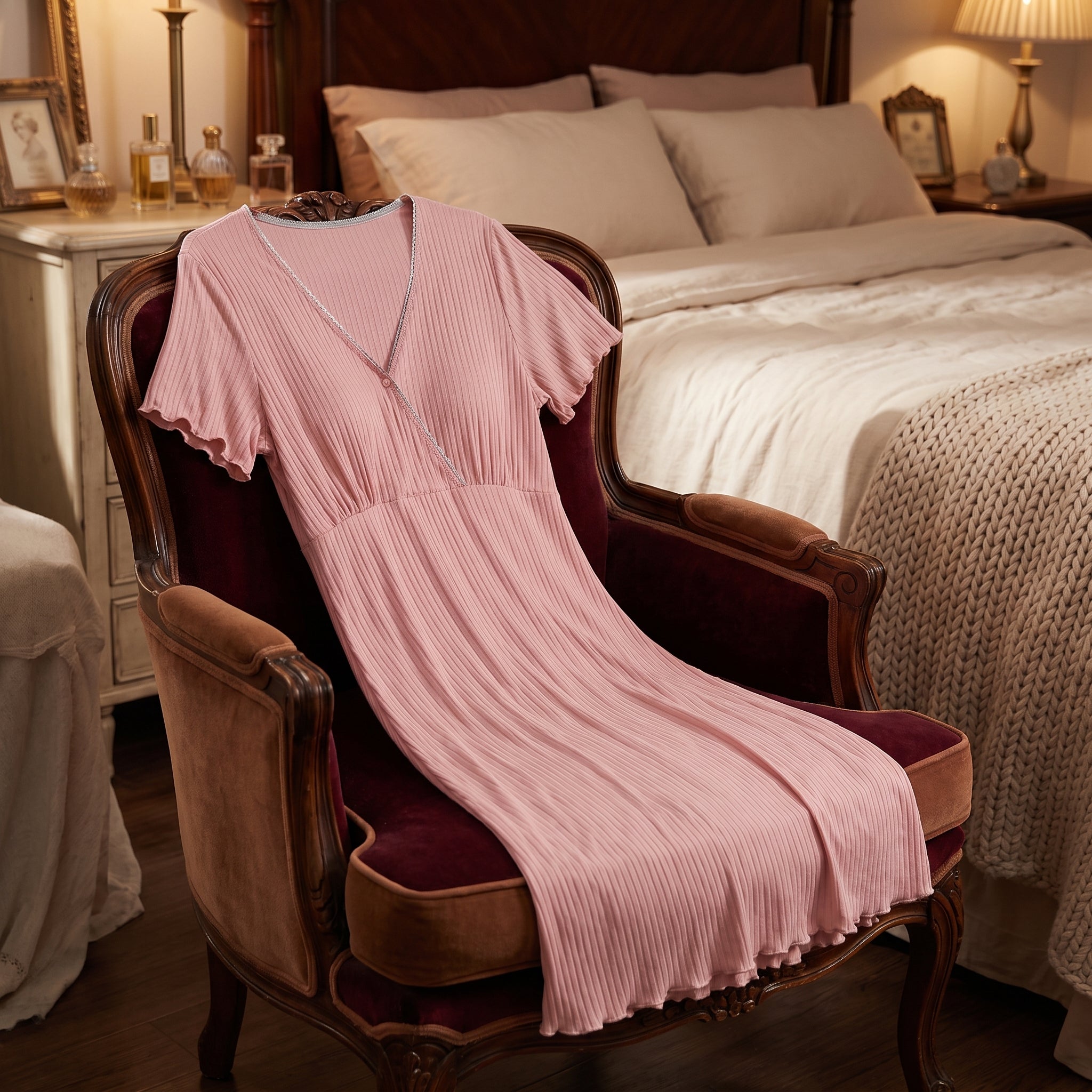 Chemise de nuit maternité rose posée dans un boudoir, le soir redevient votre moment Image