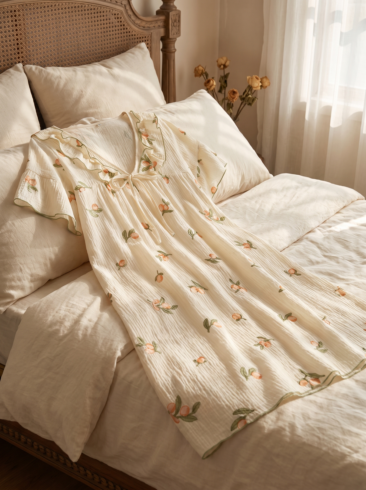 Nuisette en coton imprimé drapée sur un lit boudoir, lumière tamisée