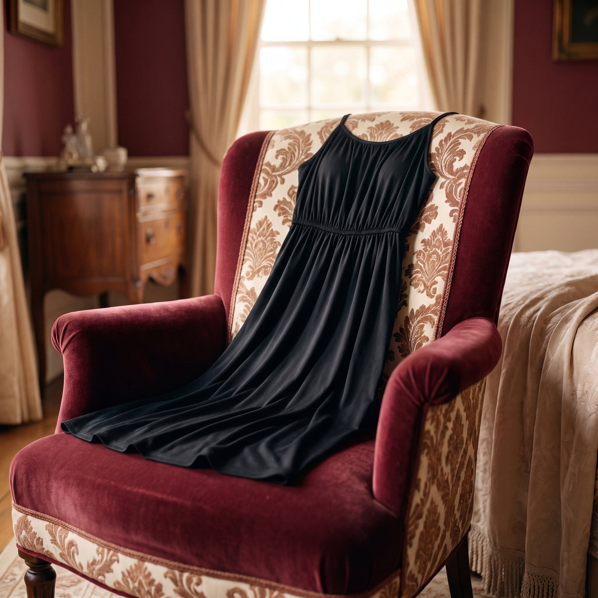 Nuisette d'allaitement noire posée sur un fauteuil de boudoir, ambiance feutrée et élégante