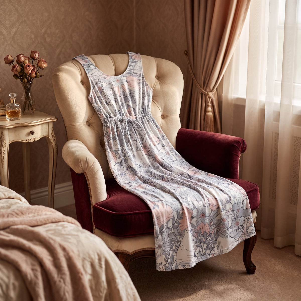 Nuisette de grossesse et d'allaitement à motif fleuri posée sur un fauteuil de boudoir, ambiance feutrée