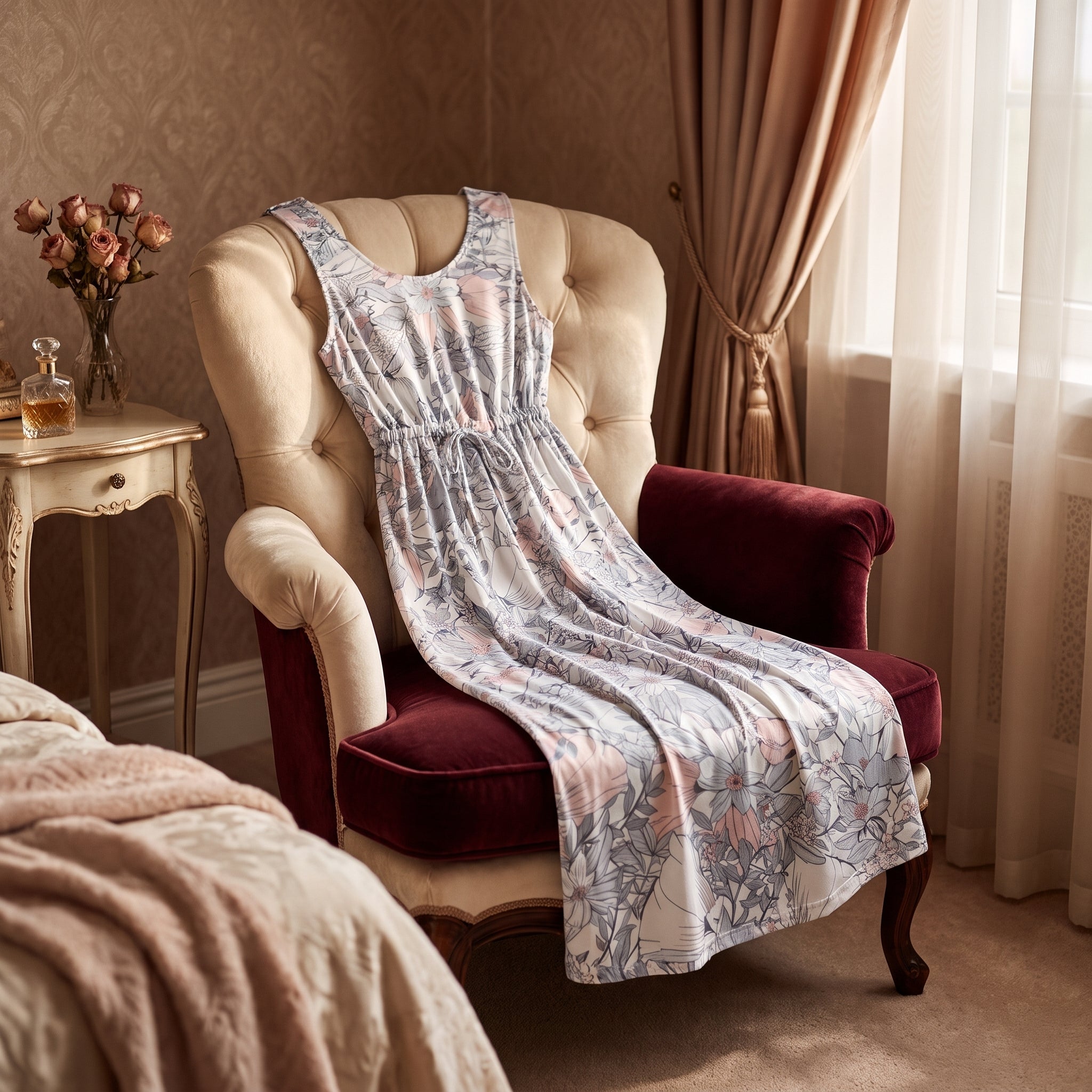 Nuisette de grossesse et d'allaitement à motif fleuri posée sur un fauteuil de boudoir, ambiance feutrée Image