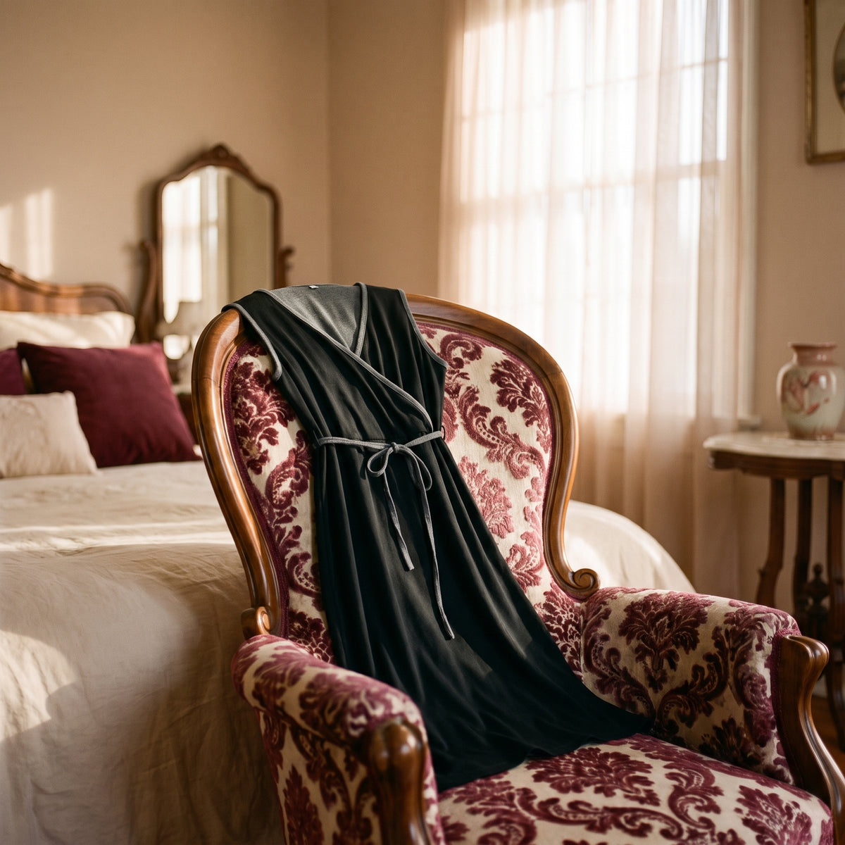 Nuisette d'allaitement noire à coupe portefeuille posée sur un fauteuil de boudoir, ambiance feutrée