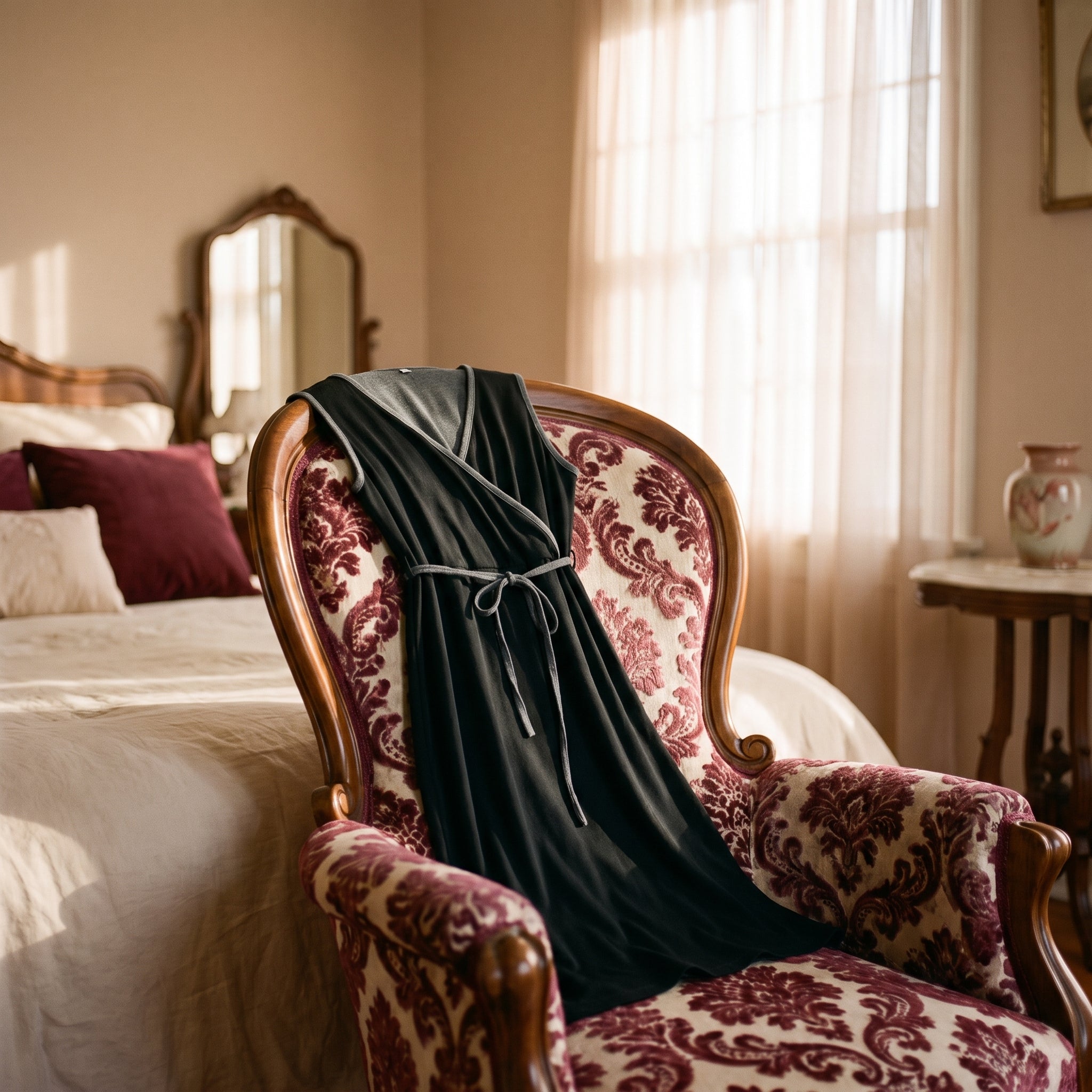 Nuisette d'allaitement noire à coupe portefeuille posée sur un fauteuil de boudoir, ambiance feutrée Image