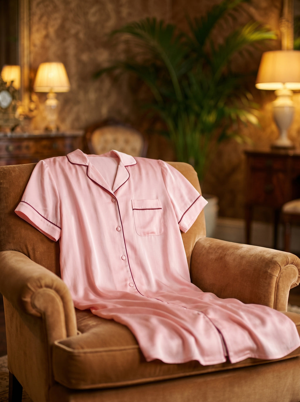Chemise de nuit rose poudrée drapée sur un fauteuil en velours caramel