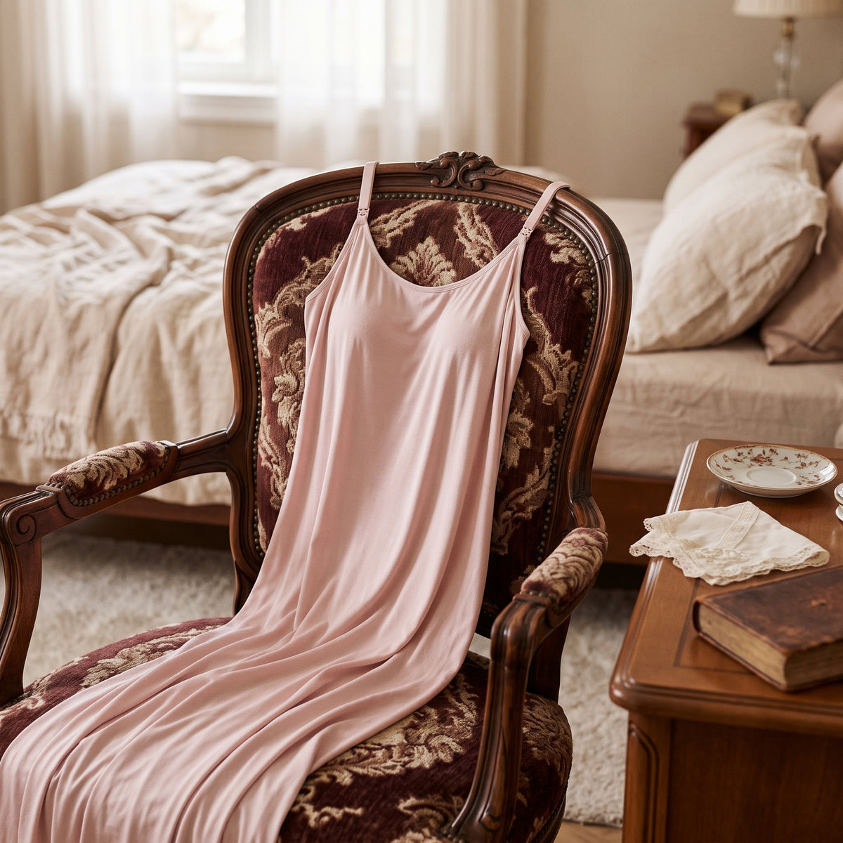 Nuisette d'allaitement rose posée sur un fauteuil de boudoir, douceur et féminité