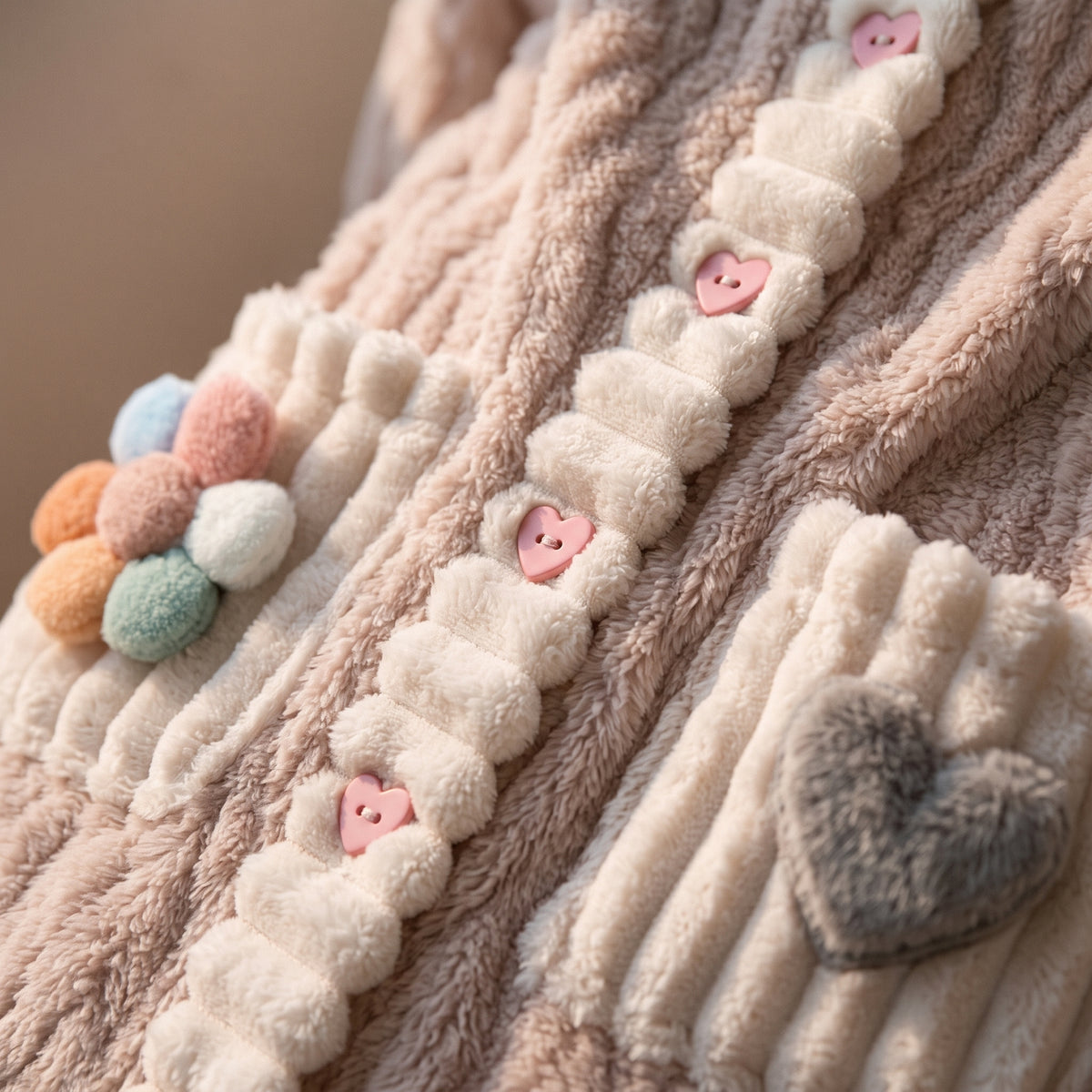 Gros plan sur les boutons en forme de cœur de la chemise de nuit polaire rose