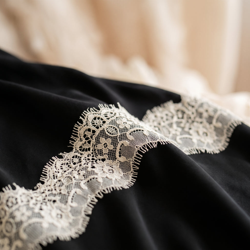 Gros plan sur la dentelle ivoire ajouree et le tissu noir fluide de la chemise de nuit