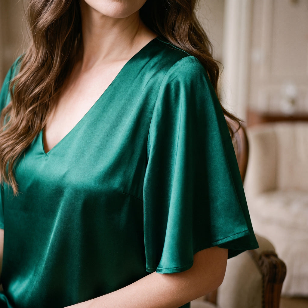 Épaule et corolle de la manche de la nuisette verte vues de près, les reflets du satin le long des plis