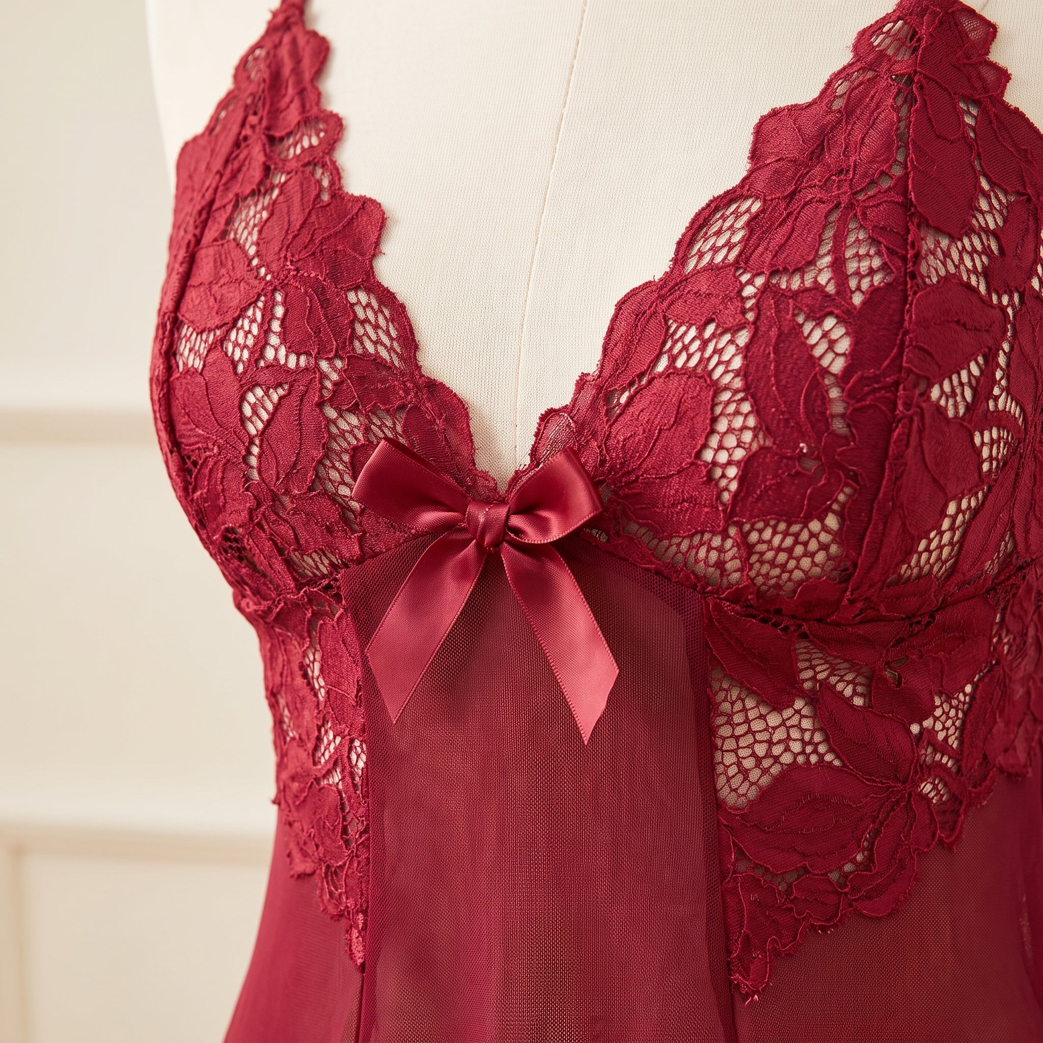 Détail des bonnets en dentelle guipure rouge et du noeud satin Image