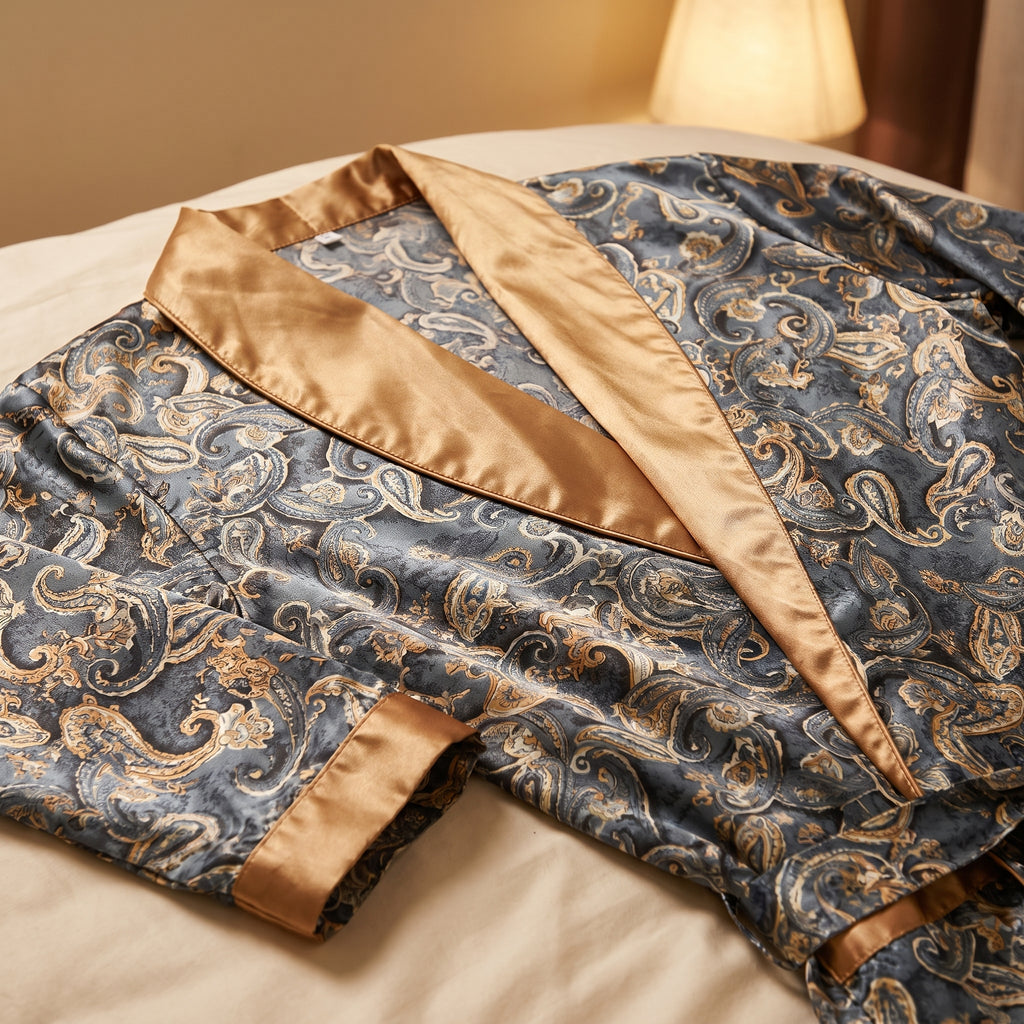 Gros plan du col châle en satin doré uni d’une robe de chambre grise à motif paisley, sa couture et le poignet doré