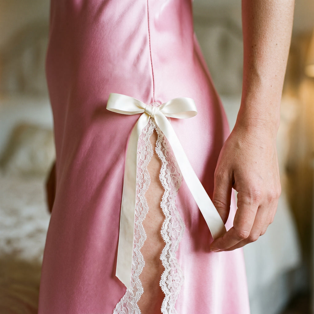 Gros plan sur le nœud de ruban ivoire et la dentelle blanche en haut de la fente de la nuisette rose