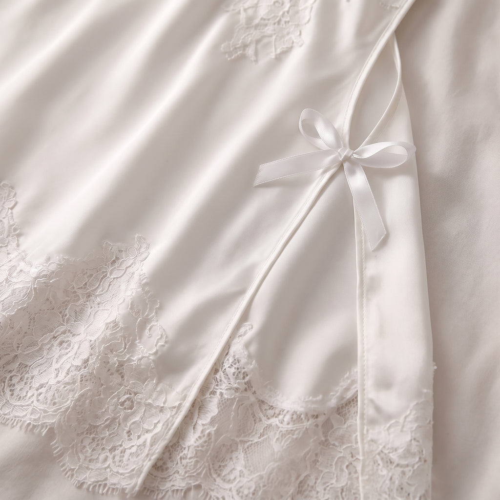 Détail de l'ourlet en dentelle blanche et de la fente fermée par un noeud satin