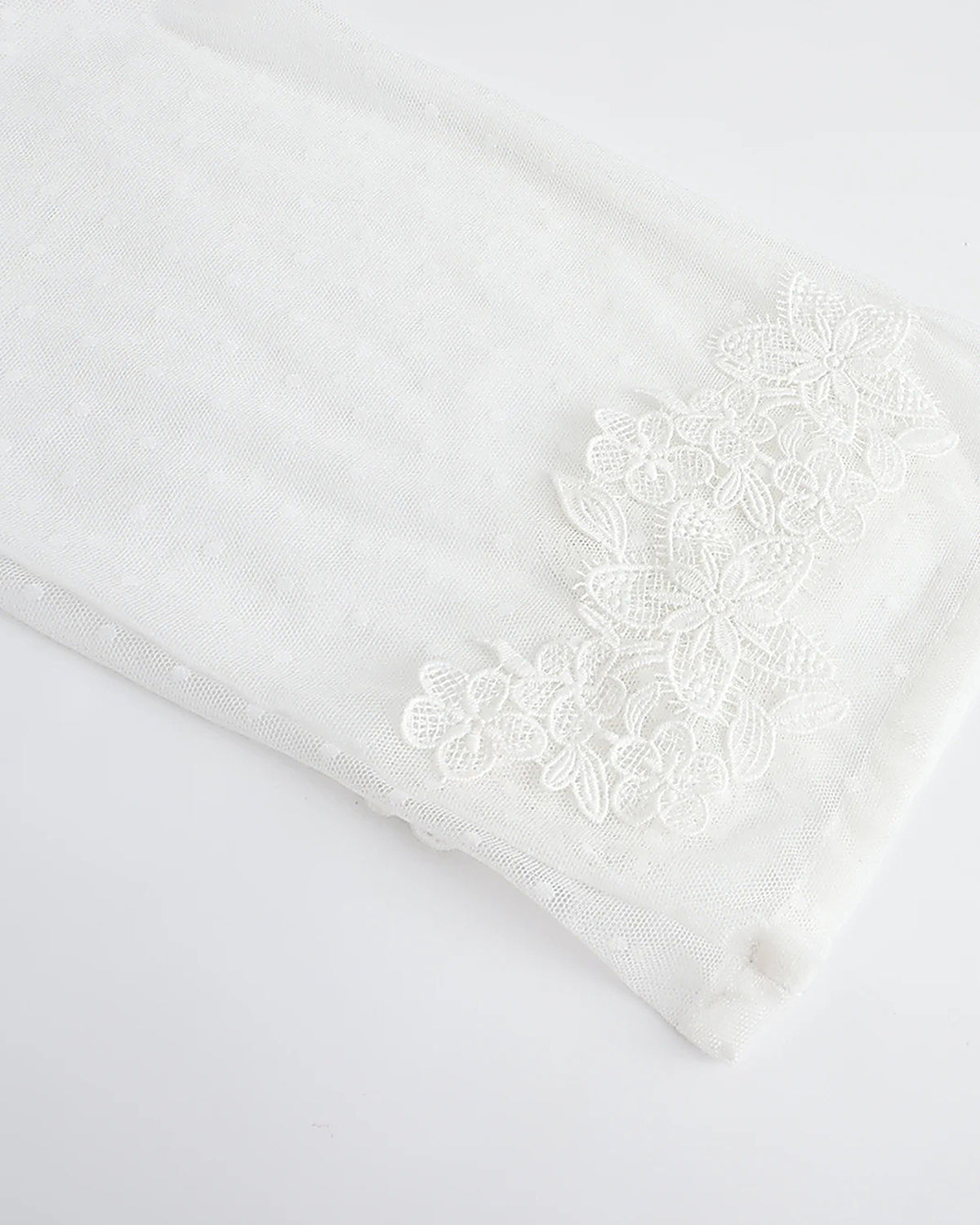 Gros plan du bas d’une manche, tulle blanc semé de petits pois et fleurs de dentelle appliquées sur le poignet