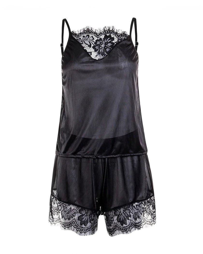 Ensemble caraco et short en satin noir présenté à plat