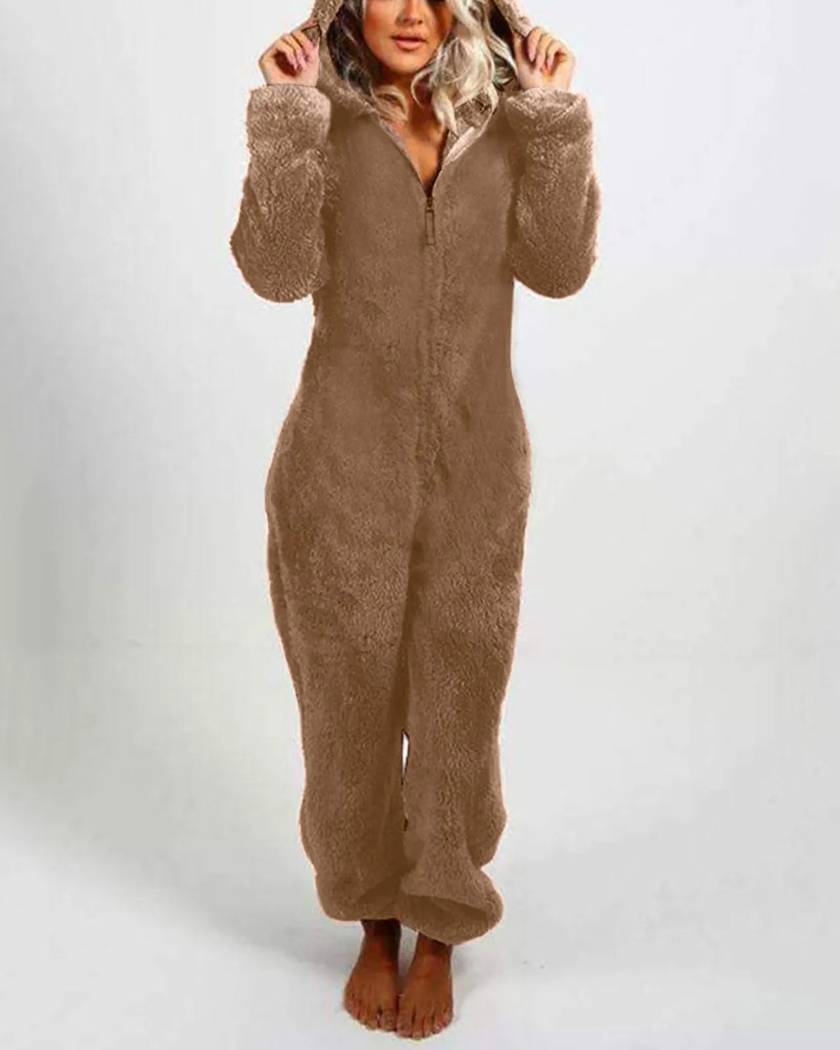 Combinaison pyjama en polaire teddy, coloris marron camel, capuche à oreilles