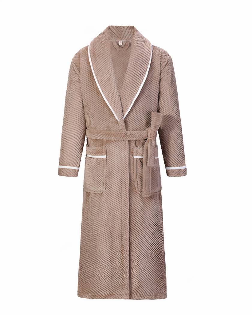 Robe de chambre en flanelle gaufrée, coloris taupe rosé, col châle à passepoil blanc