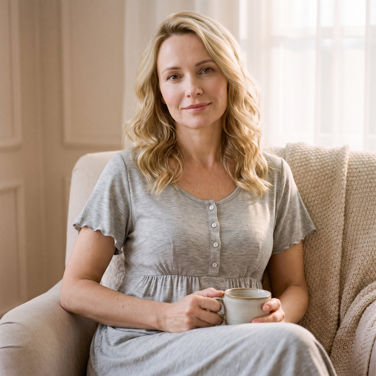 Femme enceinte en chemise de nuit de maternite grise, assise dans un fauteuil avec une tasse au petit matin