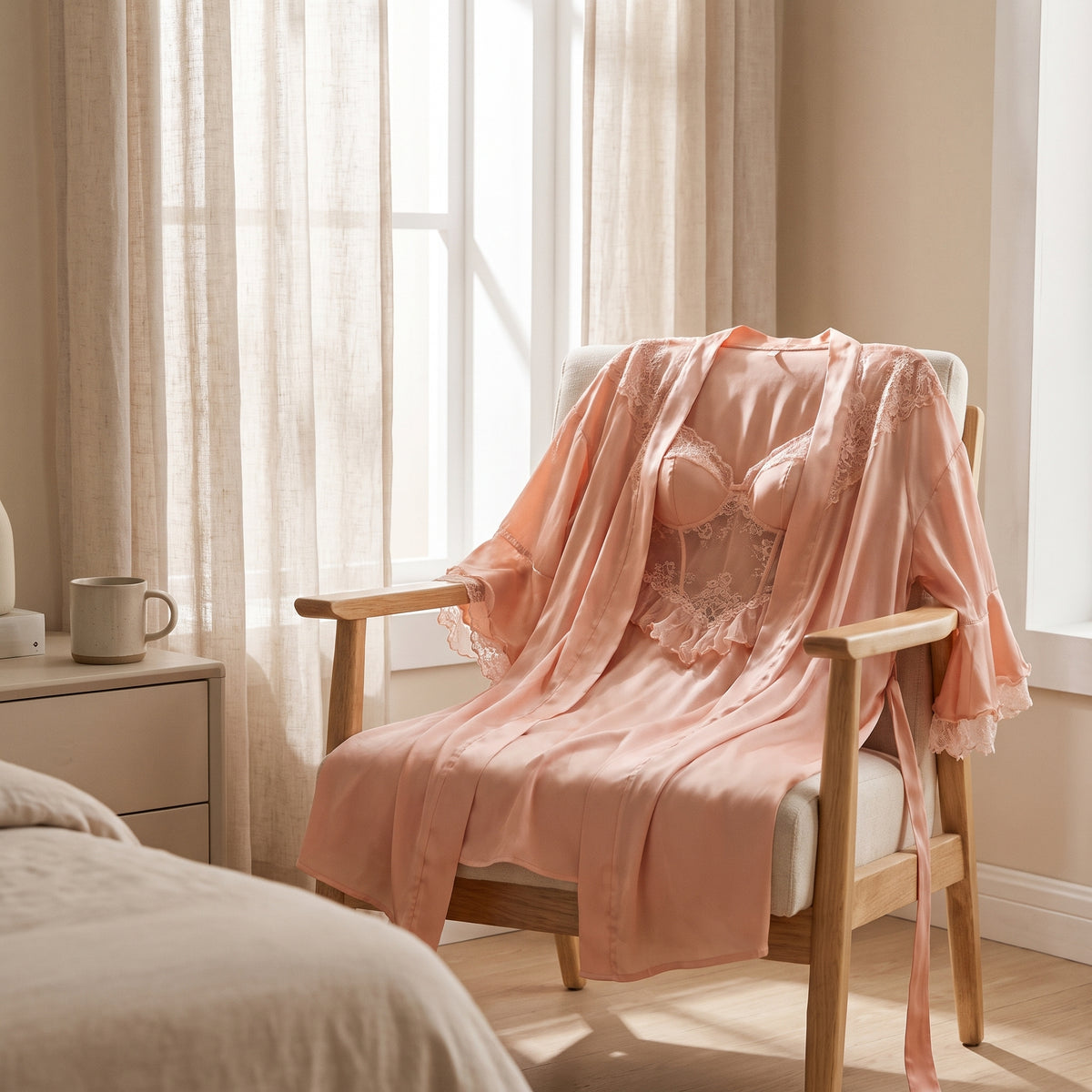Ensemble nuisette et kimono rose drapé sur un fauteuil près d'une fenêtre, lumière du matin