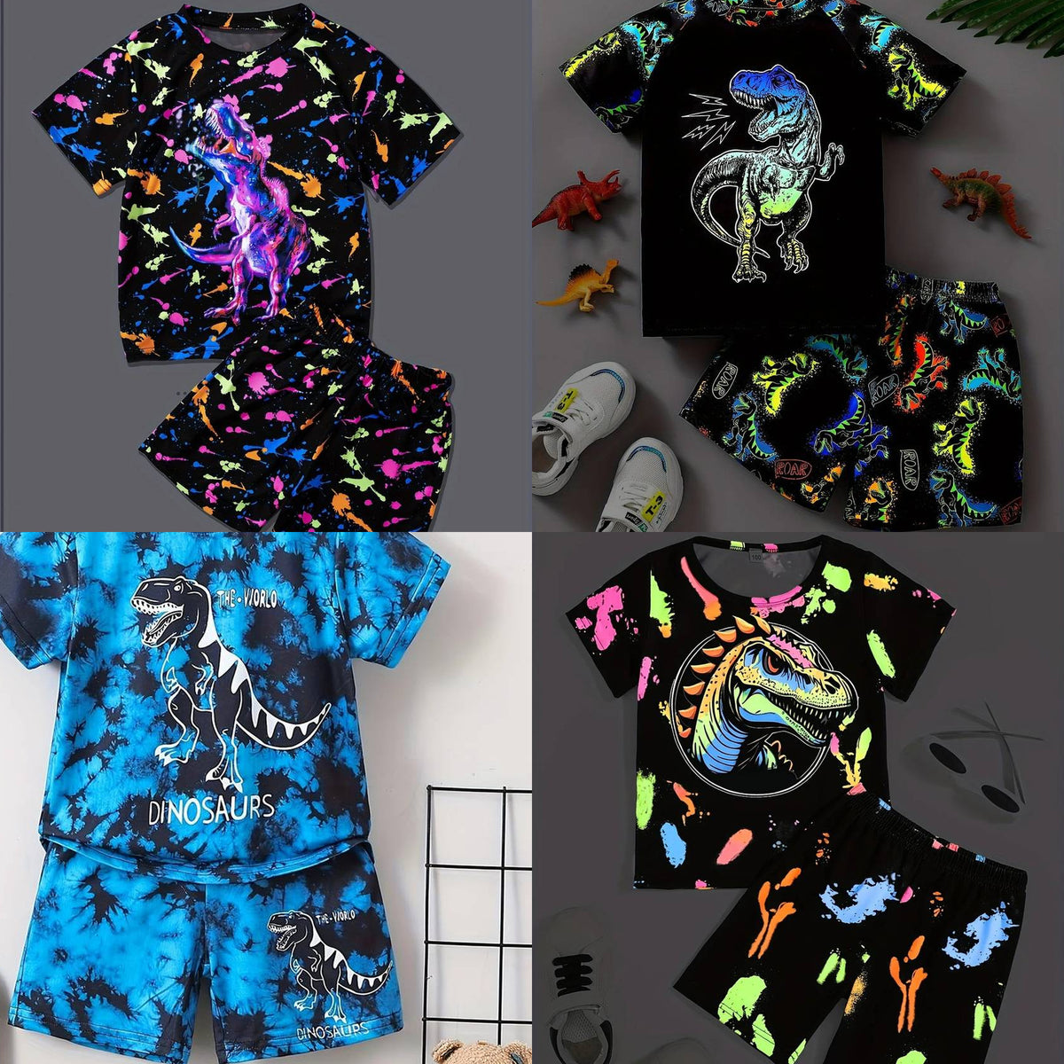 Les quatre imprimés dinosaures du pyjama garçon, tee-shirt et short assortis