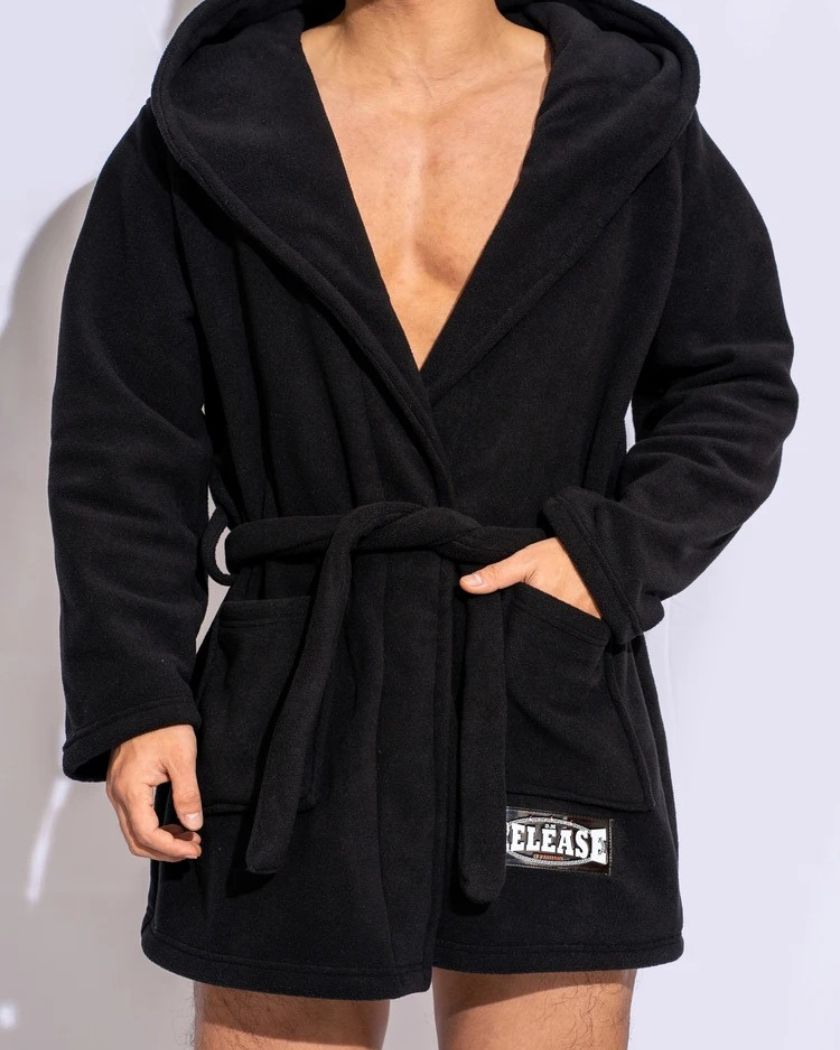 Peignoir court à capuche pour homme, coloris noir, ceinture et deux poches