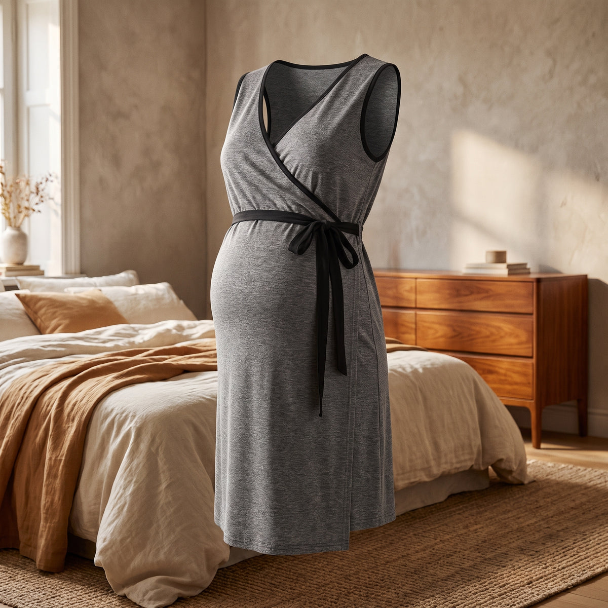 Nuisette d’allaitement grise vue de face sur mannequin invisible, cordon noué à la taille et ourlet asymétrique