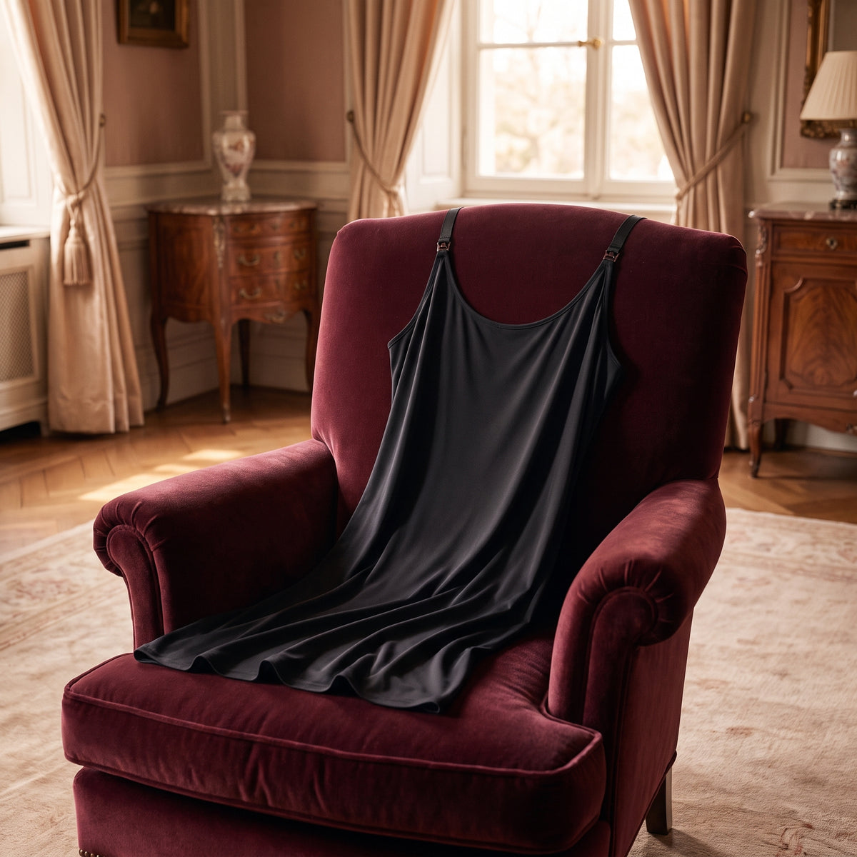Nuisette d'allaitement noire posée sur un fauteuil de boudoir, encolure ronde et clips des bretelles visibles