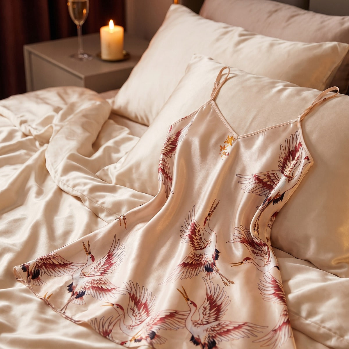 Bloc 3 nuisette beige satin imprimé grue Image