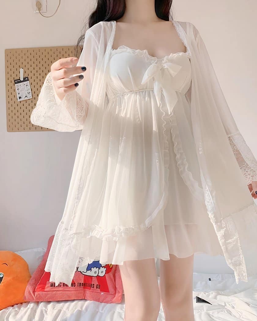 Nuisette Babydoll Blanche à Noeud et Sur-Robe en Dentelle