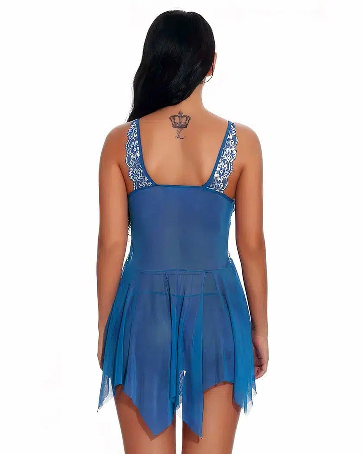 Vue de dos de la nuisette bleue avec détails floraux