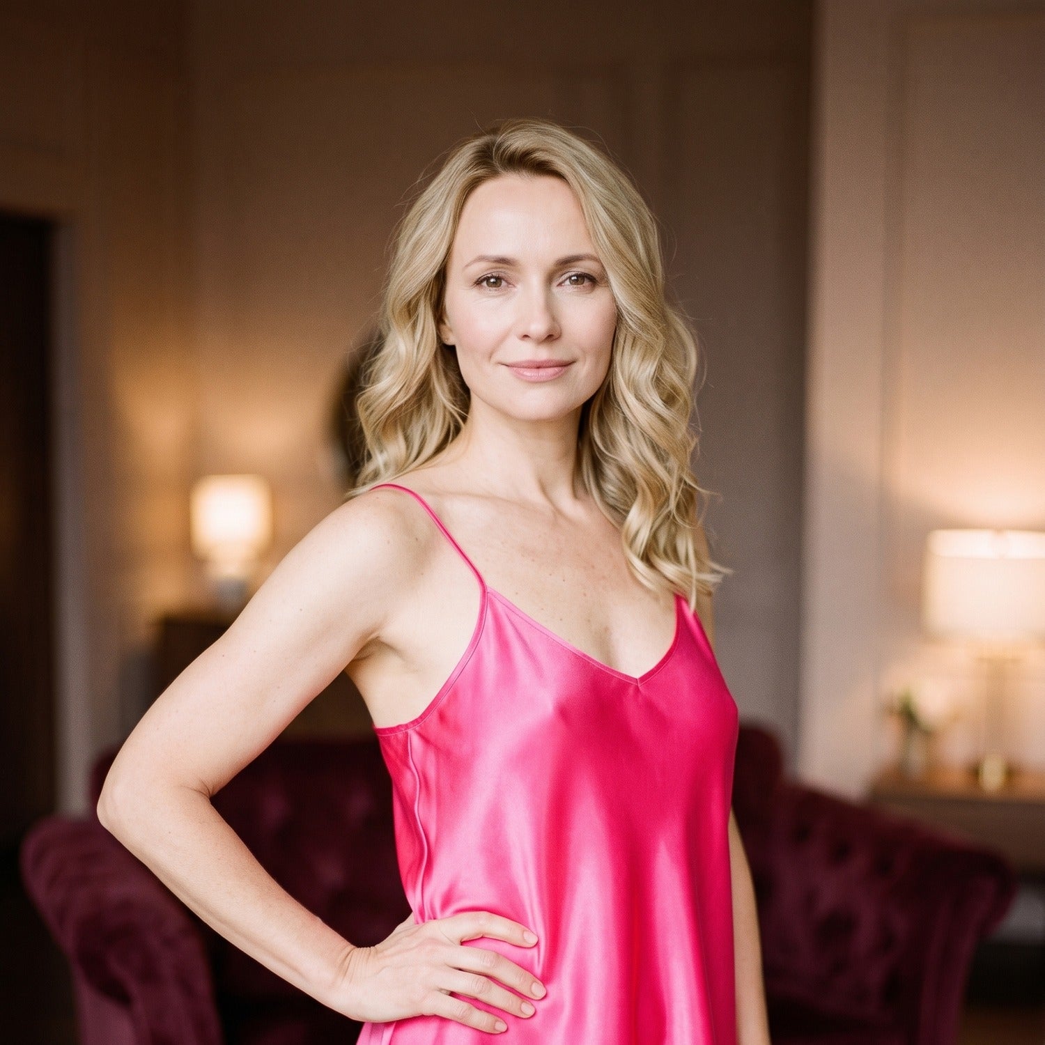 Décolleté en V et fines bretelles de la nuisette courte en satin rose fuchsia, portée par un modèle Image