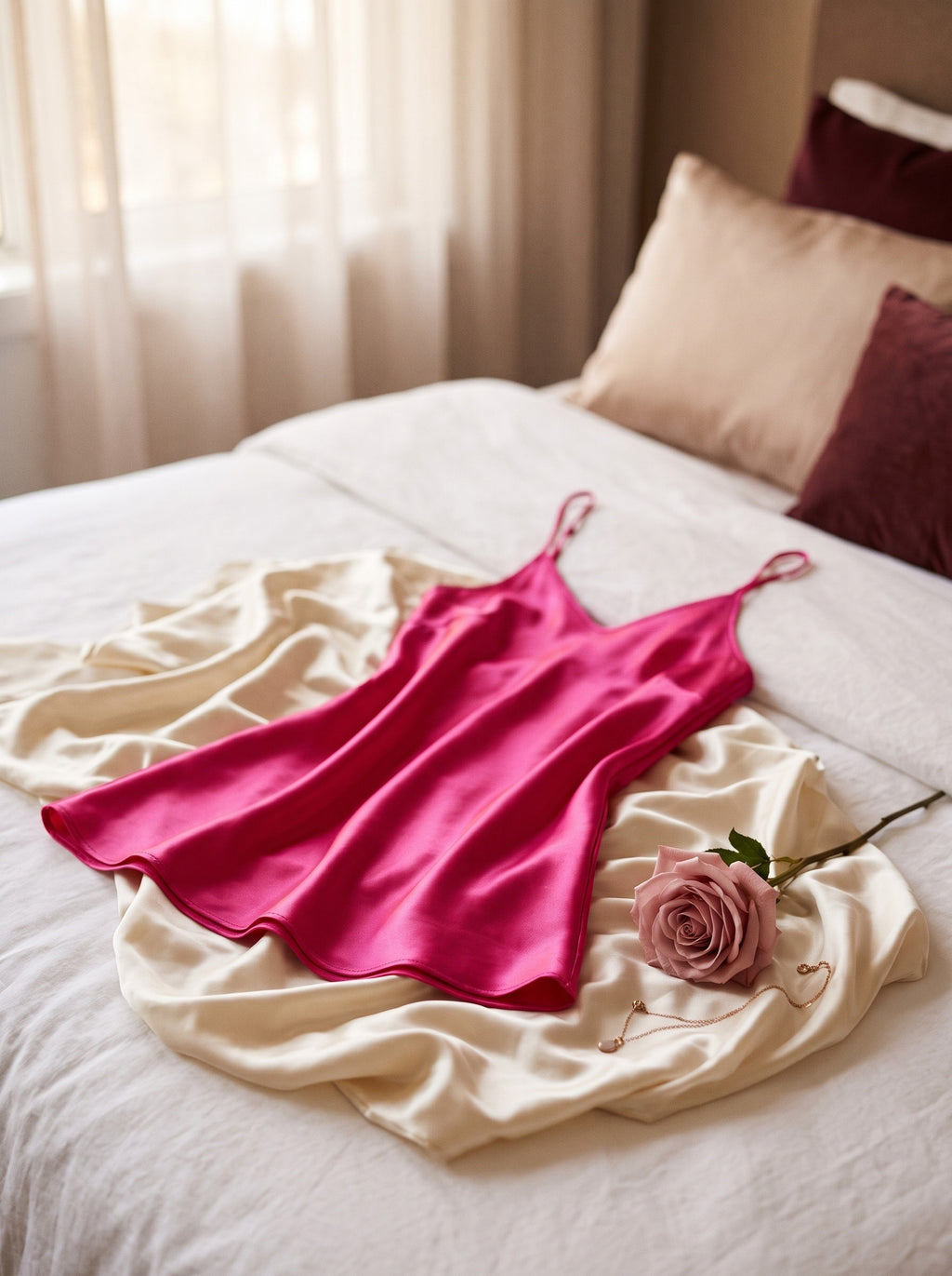 Nuisette courte en satin rose fuchsia posée sur un lit, ambiance boudoir avec rose et bijou