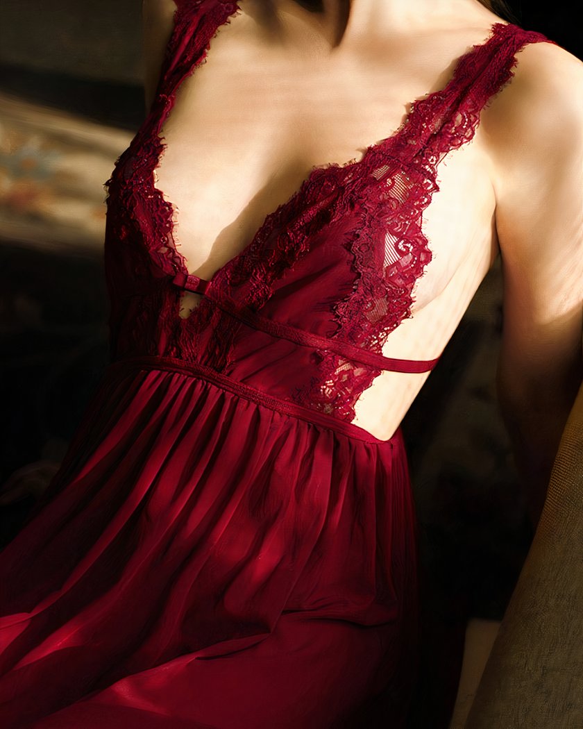 Nuisette babydoll rouge bordeaux en dentelle