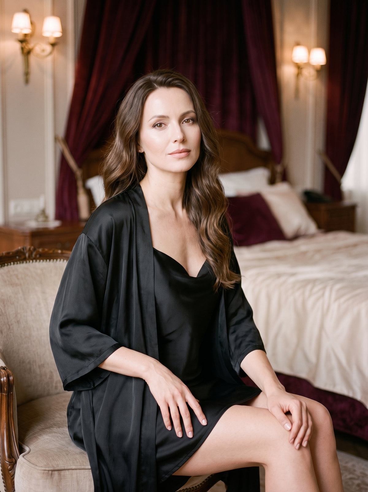 Nuisette courte noire deux pièces en satin portée, peignoir ouvert, boudoir