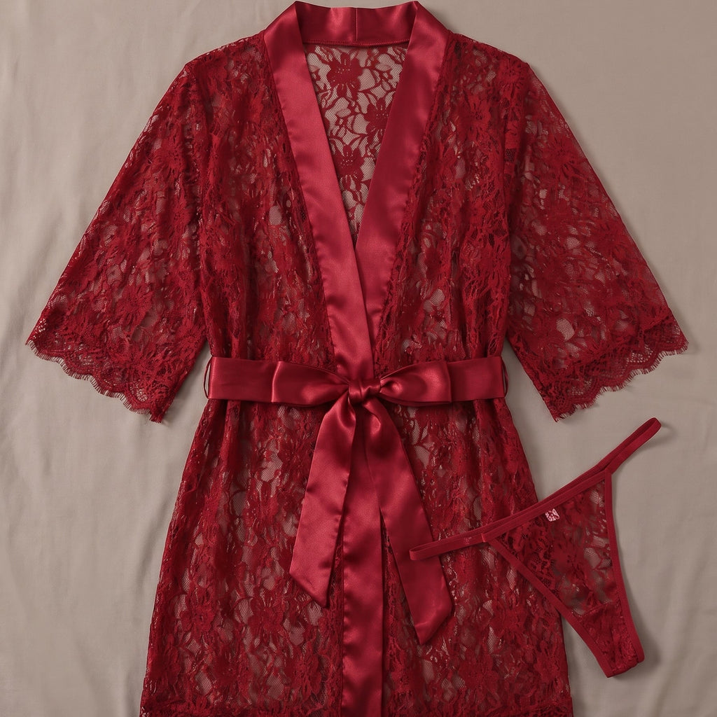 L'audace d'une dentelle rouge transparente — Nuisette Kimono Court en Dentelle Rouge Transparente