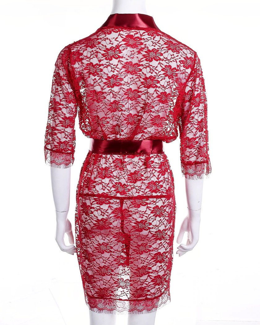 Nuisette Kimono Court en Dentelle Rouge Transparente