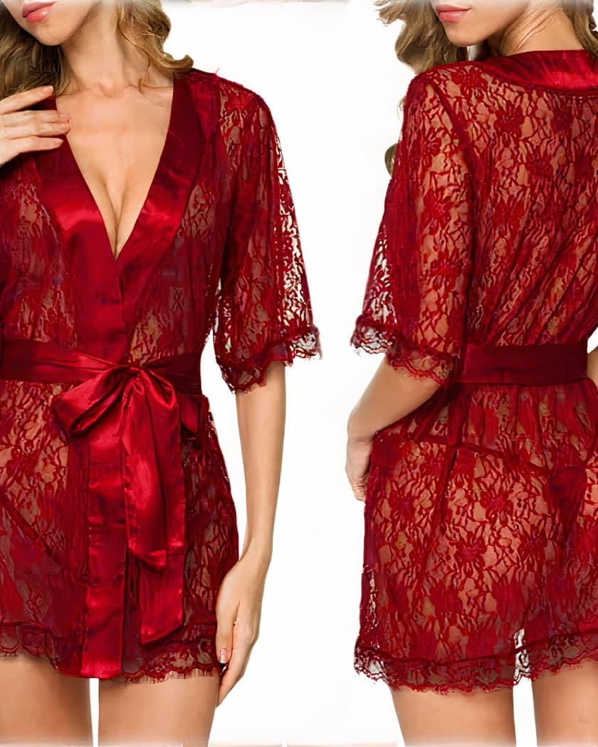 Nuisette Kimono Court en Dentelle Rouge Transparente