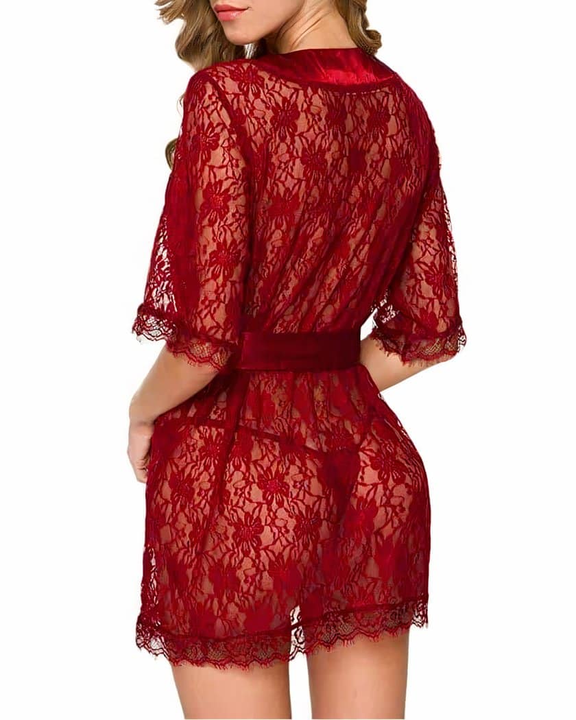 Nuisette Kimono Court en Dentelle Rouge Transparente