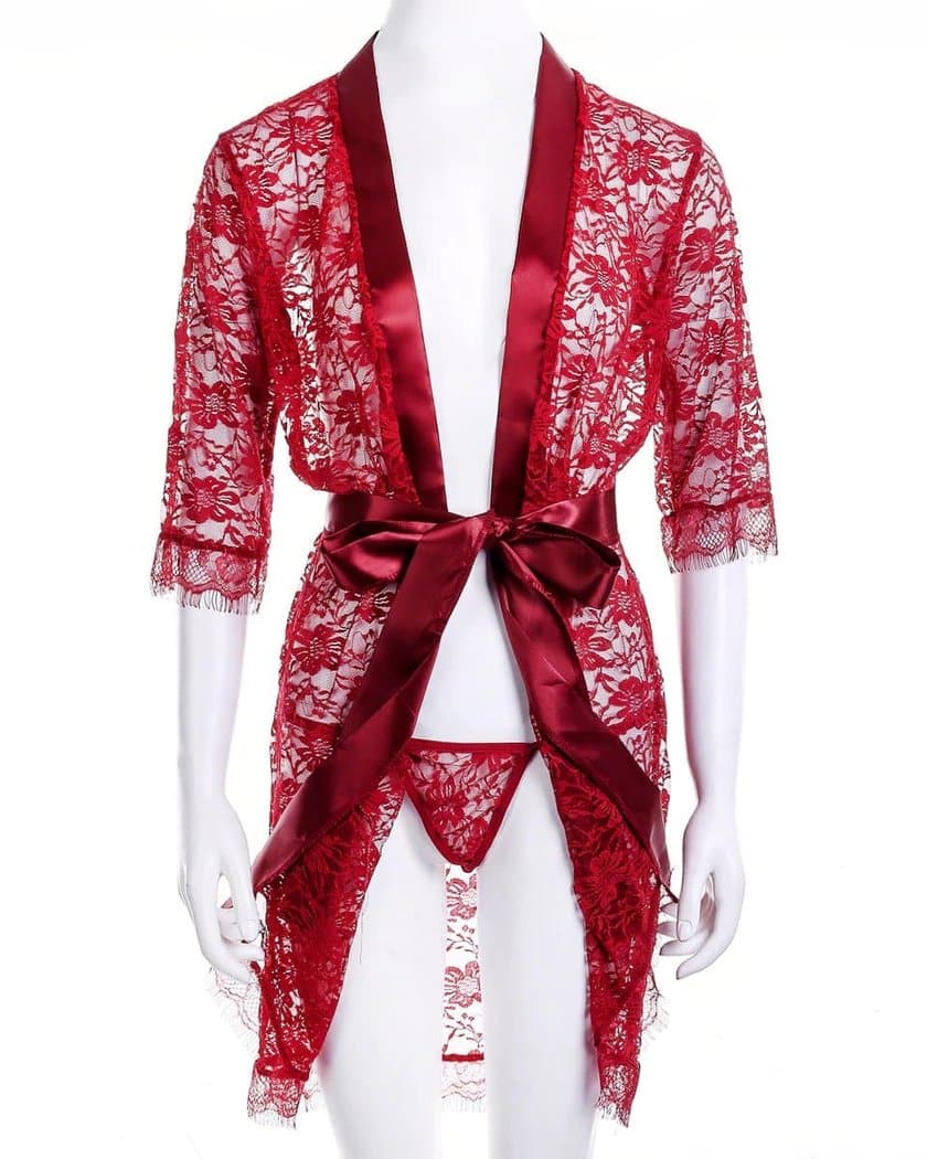 Nuisette Kimono Court en Dentelle Rouge Transparente