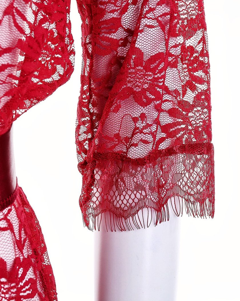 Nuisette Kimono Court en Dentelle Rouge Transparente
