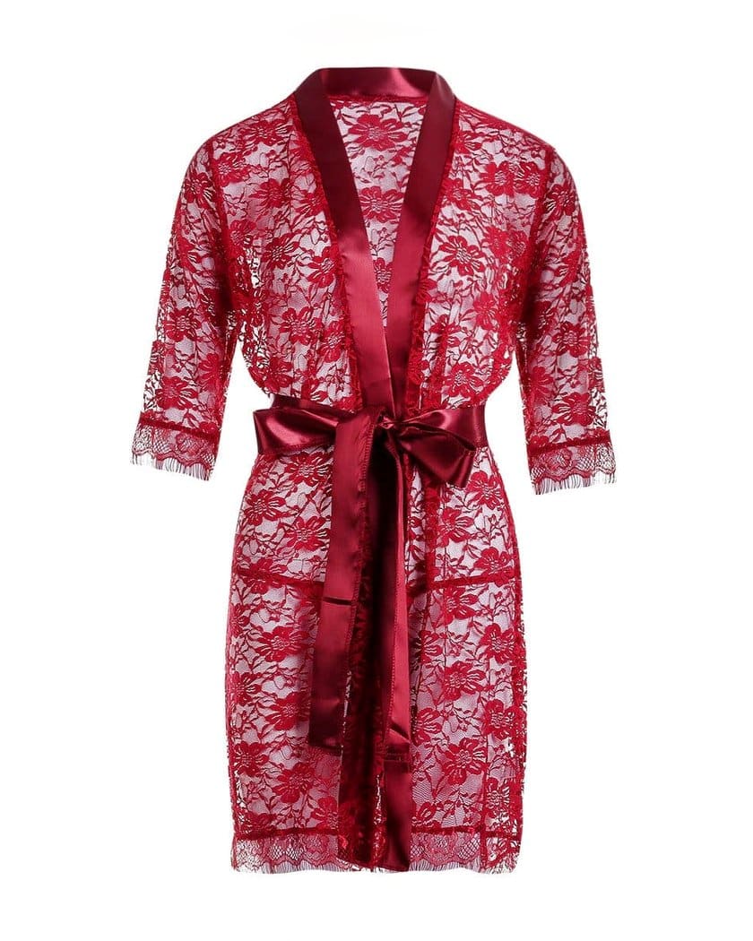 Nuisette Kimono Court en Dentelle Rouge Transparente